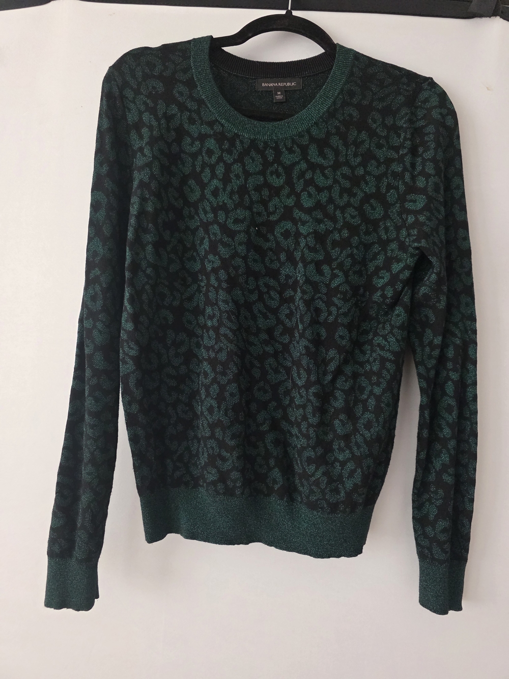 Banana Republic Dark Green and Black Leopard-Print Crewneck Sweater
